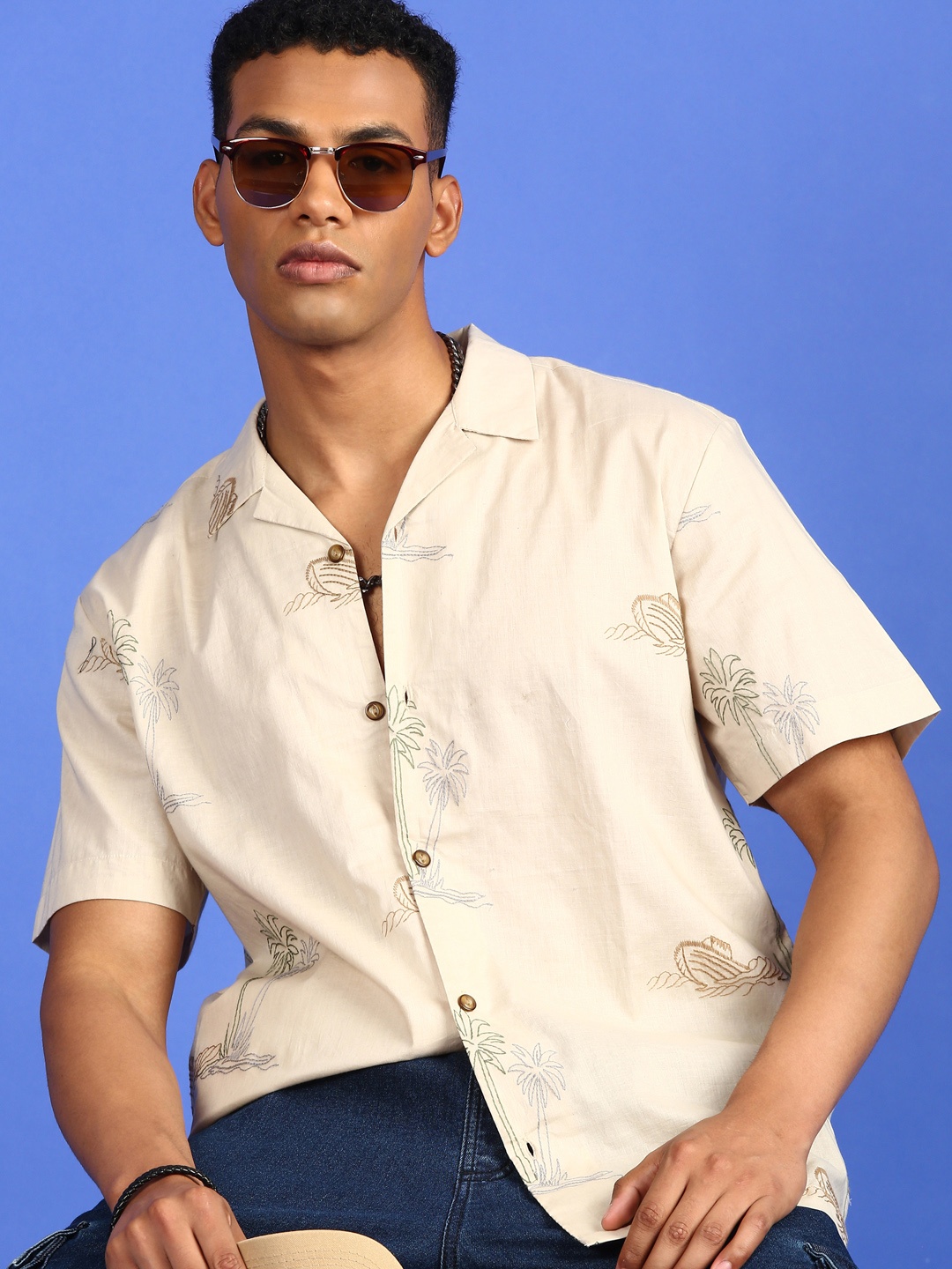 

LSD Relaxed Fit Embroidered Tropical Casual Shirt, Beige