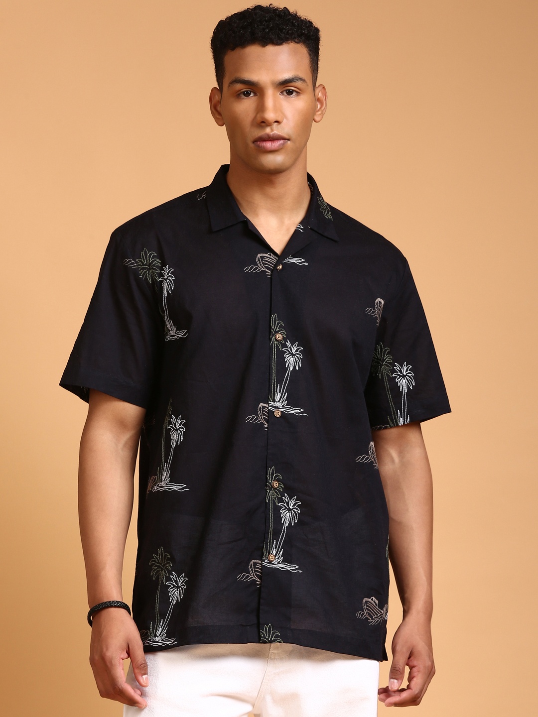 

LSD Relaxed Fit Embroidered Tropical Casual Shirt, Navy blue