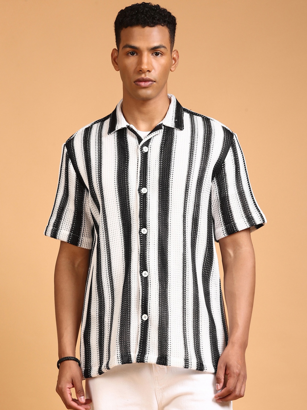 

LSD Relaxed Semi Sheer Striped Casual Shirt, Black