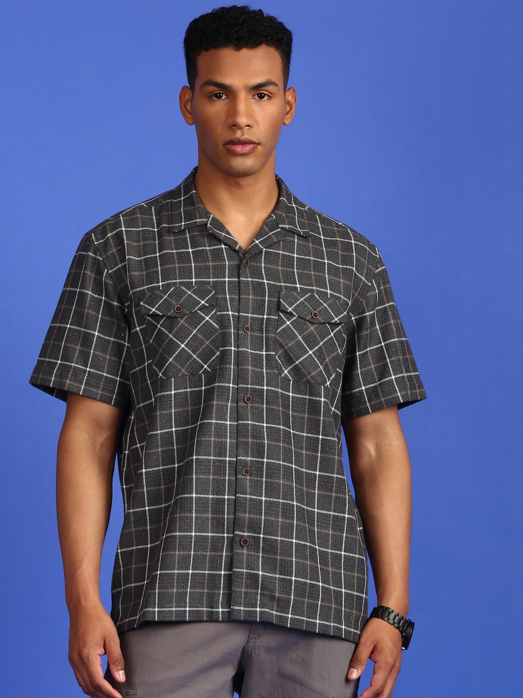 

LSD Men Relaxed Opaque Checked Casual Shirt, Charcoal