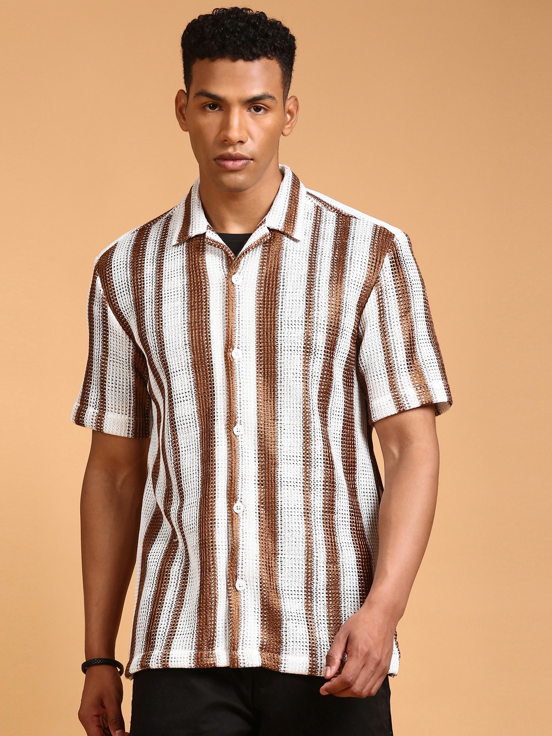 

LSD Relaxed Fit Semi Sheer Striped Casual Shirt, Brown