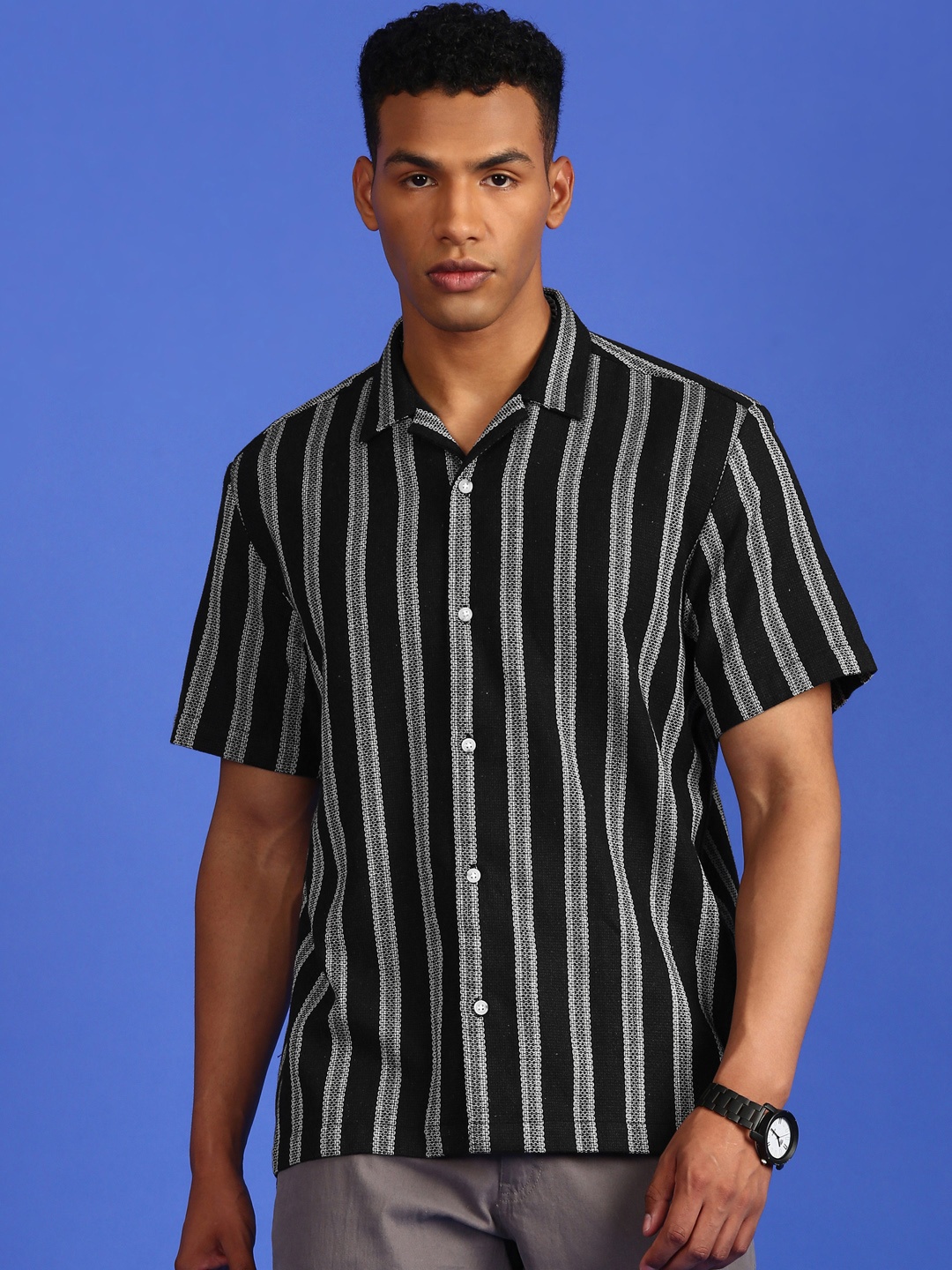 

LSD Relaxed Fit Striped Casual Shirt, Black