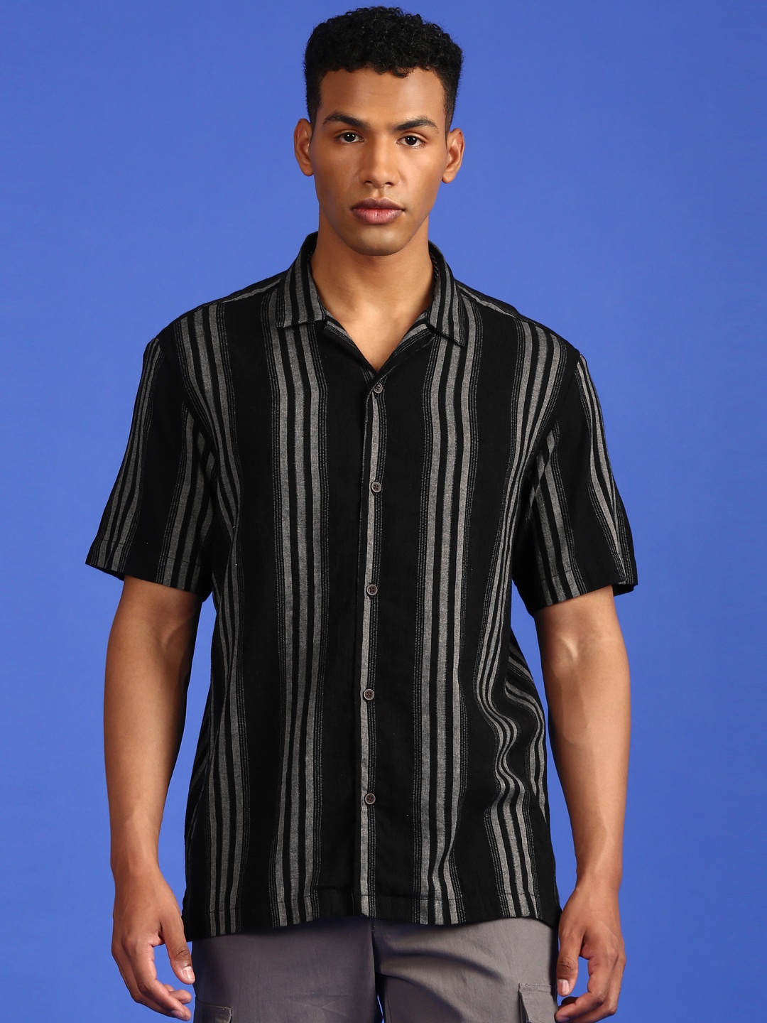 

LSD Relaxed Fit Striped Casual Shirt, Black