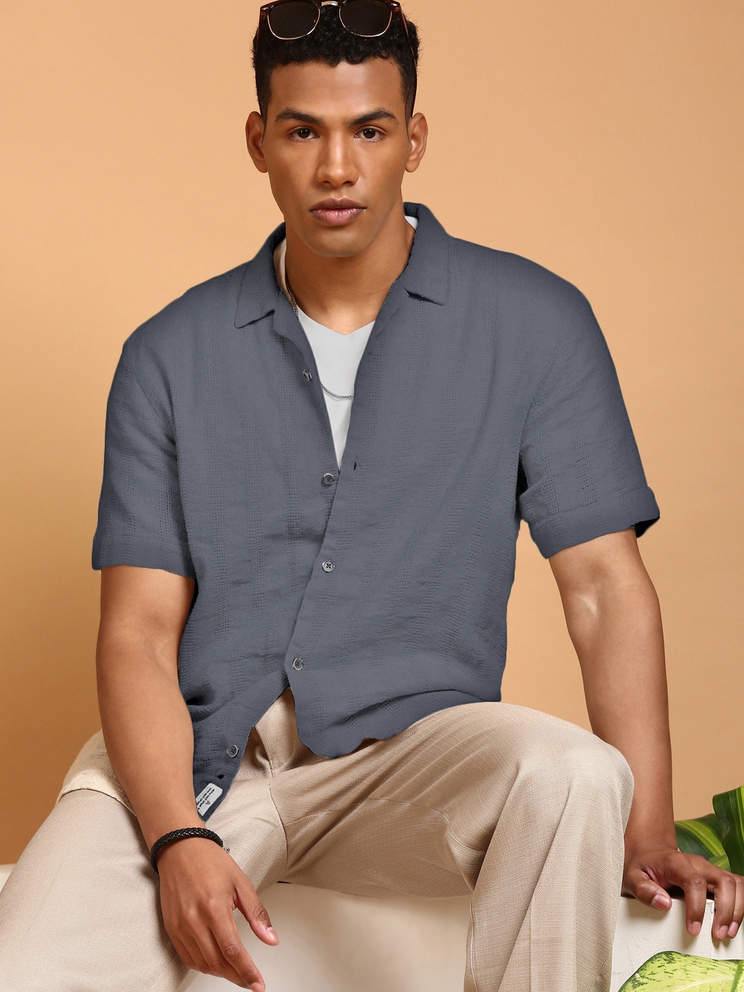 

Self Designed Stripe Textured Relaxed Fit Pure Cotton Shirts, Grey