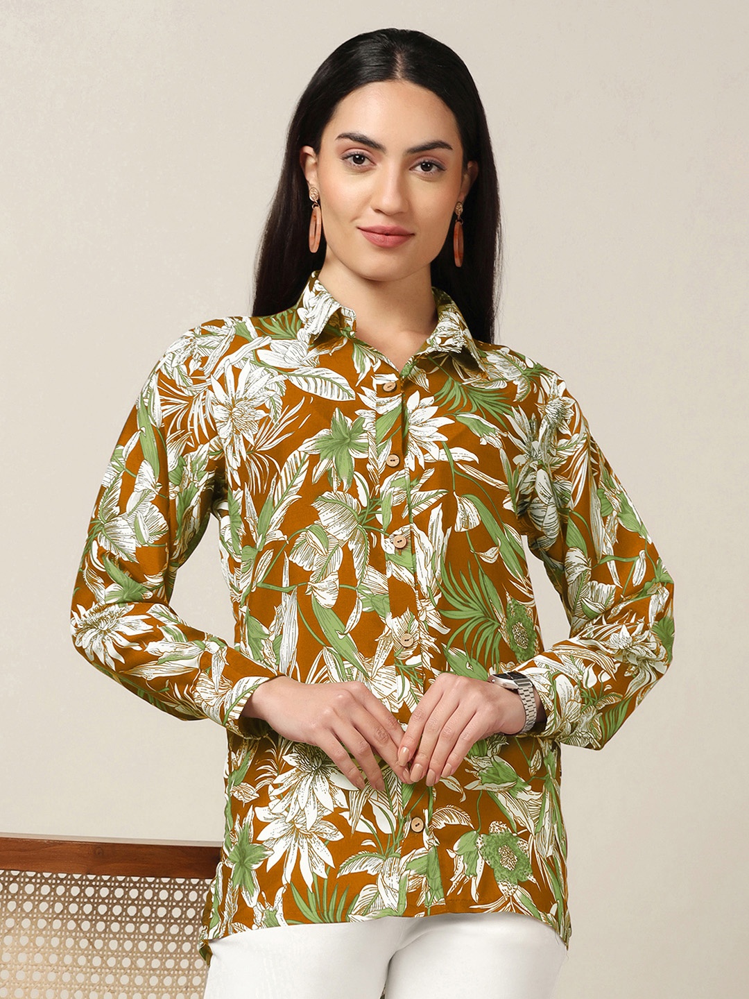 

FASHION DREAM Women Spread Collar Floral Printed Cotton Casual Shirt, Mustard