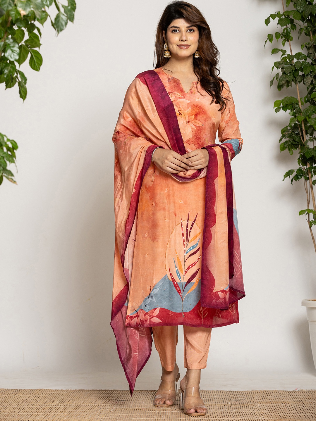 

Yufta Floral Printed Regular Beads and Stones Pure Silk Kurta with Trousers With Dupatta, Peach