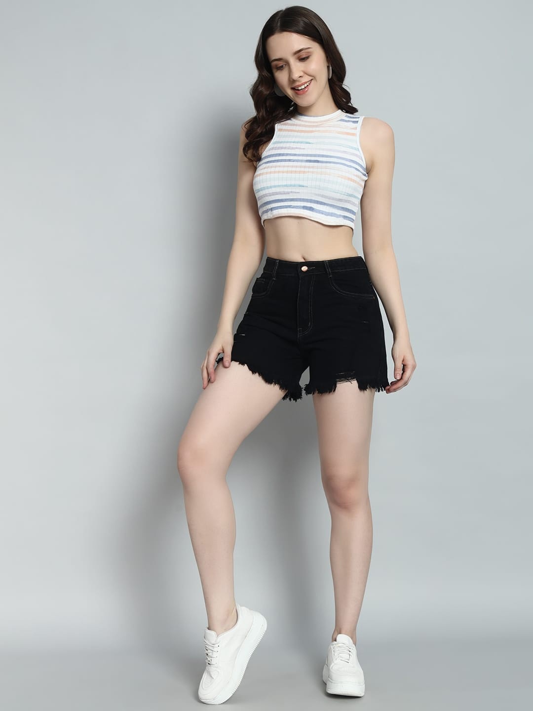 

FASHIONFIBRE Women Regular Fit Distressed Denim Shorts, Black