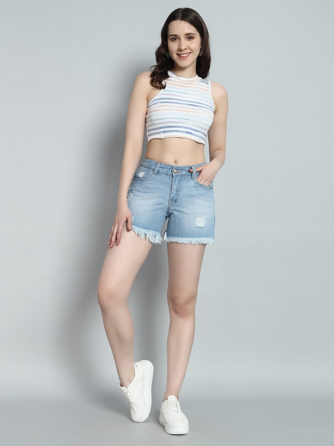 

FASHIONFIBRE Women Mid-Rise Washed Outdoor Denim Shorts with Technology, Turquoise blue