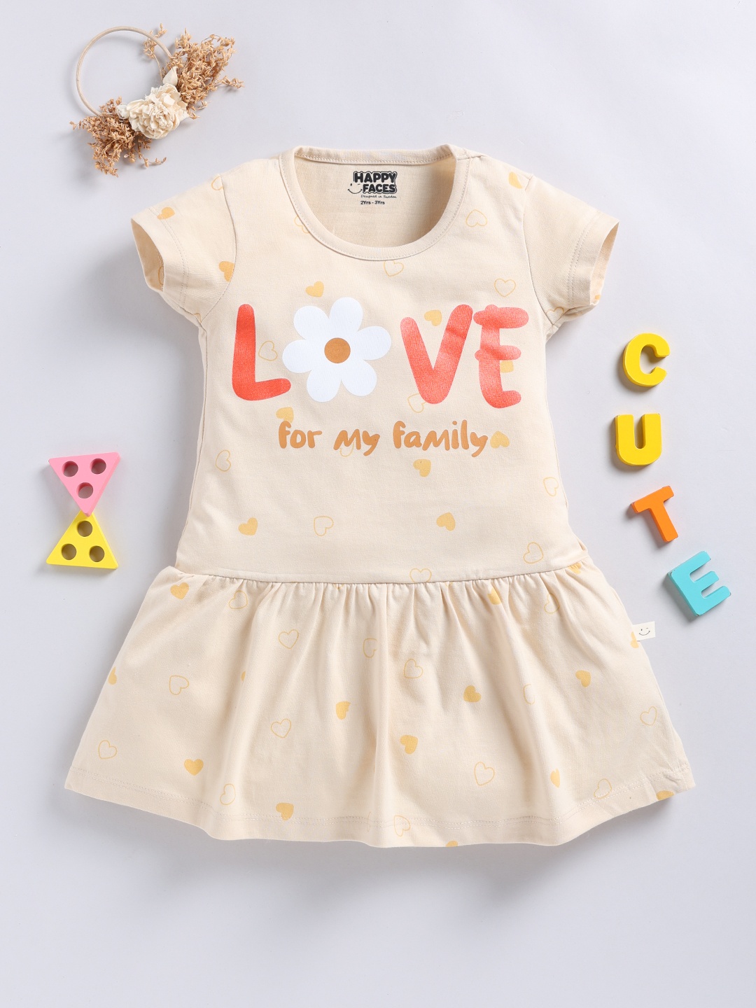 

Happy Faces Girls Pure Cotton Printed Dress, Beige