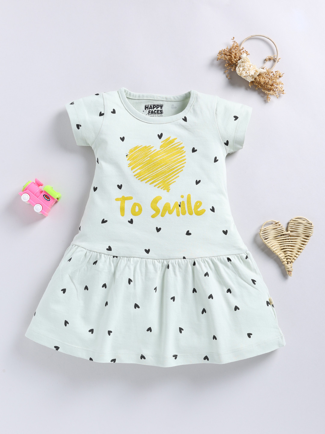 

Happy Faces Girls Printed A-Line Dress, Green