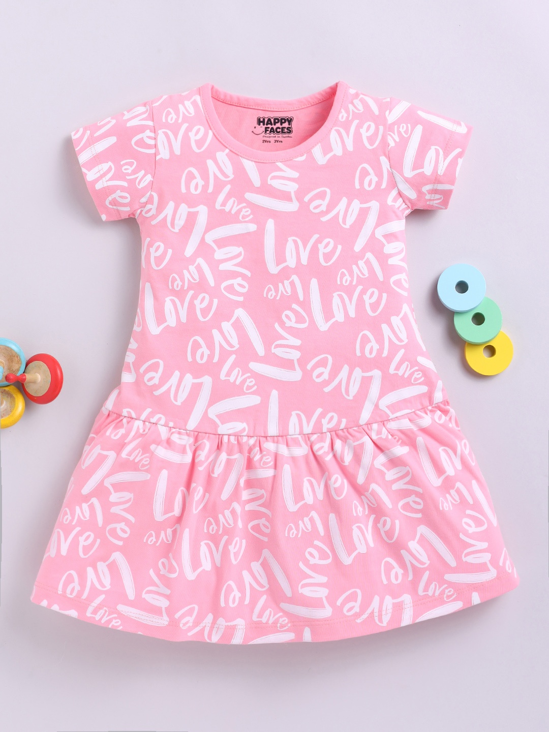 

Happy Faces Girls Printed Cotton A-Line Dress, Pink