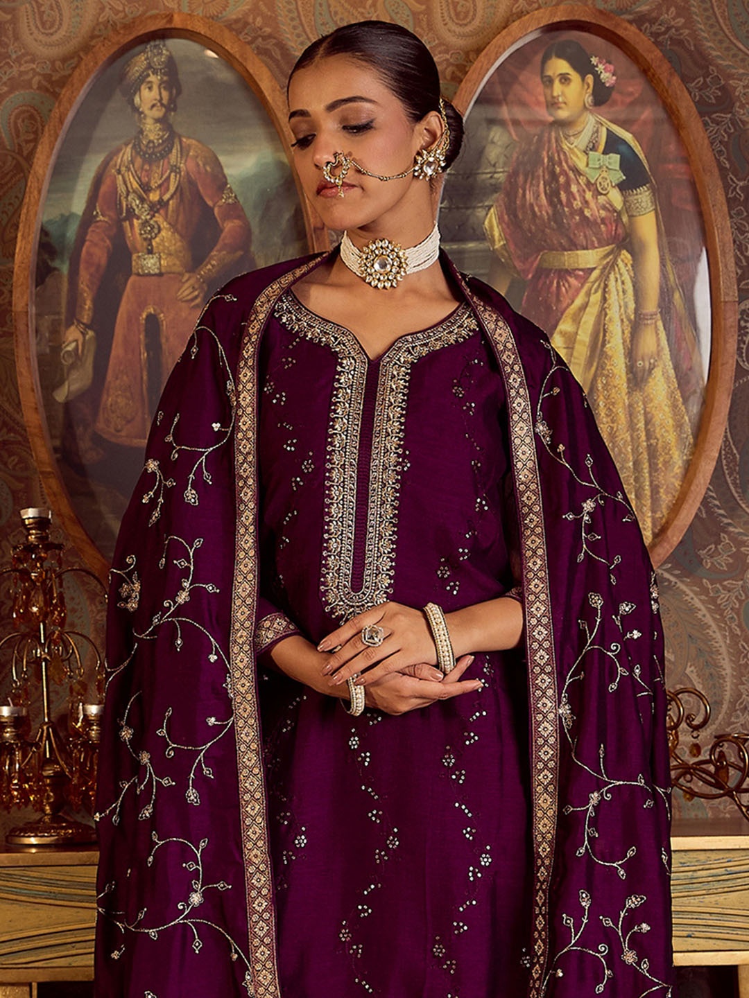 

Indo Era Floral Embroidered Zari Kurta with Trousers & Dupatta, Purple