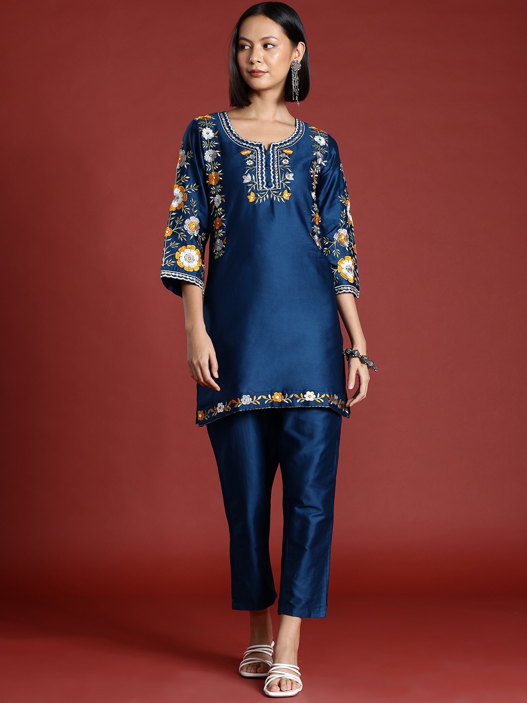 

Tikhi Imli Floral Embroidered Cotton Tunic With Trouser Co-ord Set, Blue