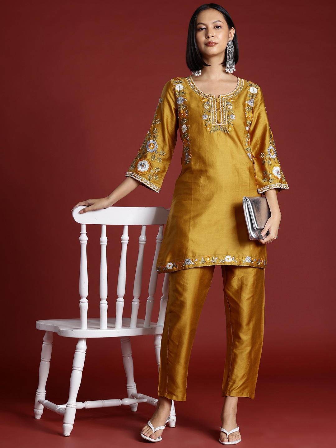 

Tikhi Imli Floral Embroidered Cotton Tunic With Trouser Co-ord Set, Mustard