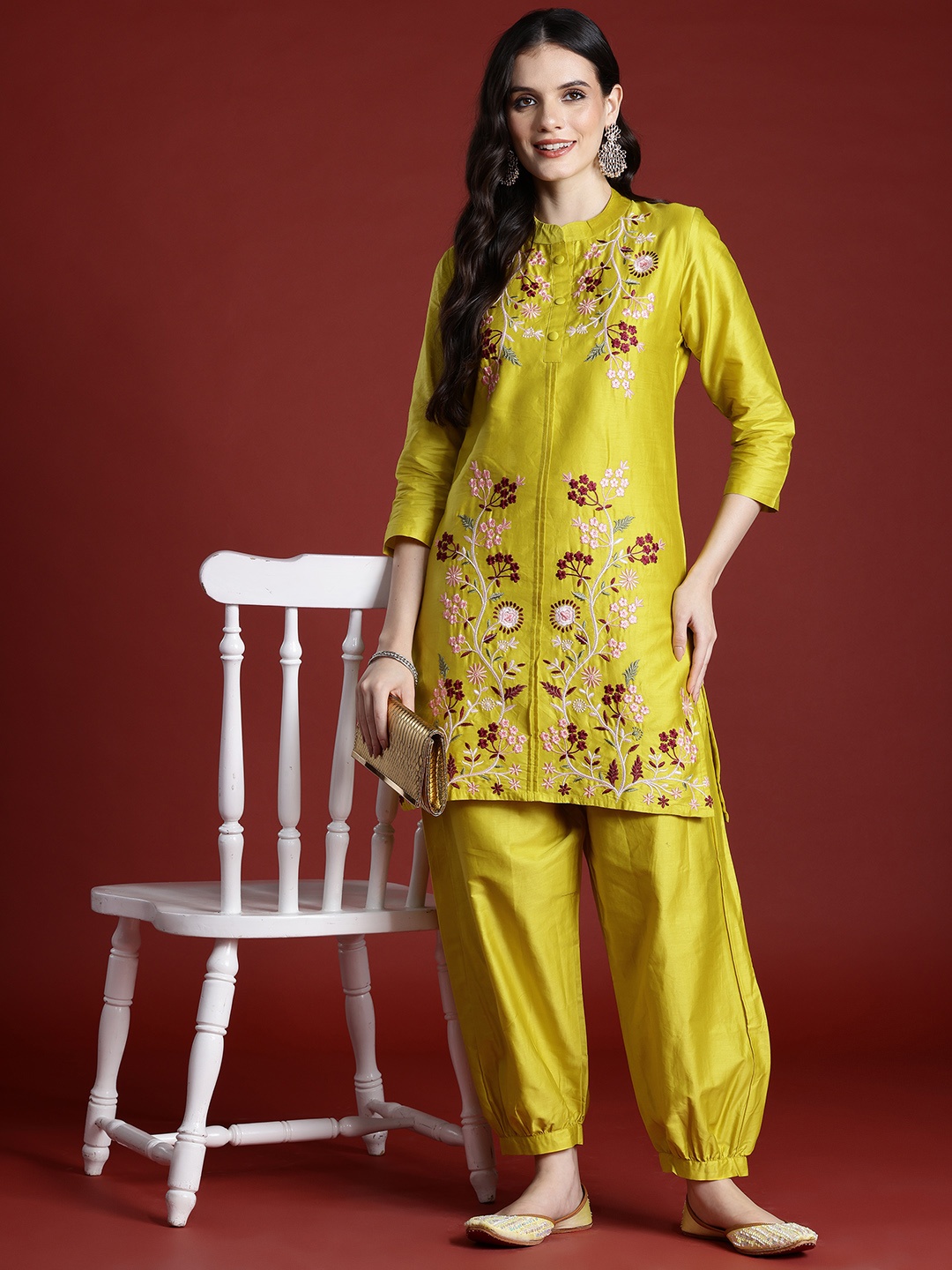 

Tikhi Imli Embroidered Cotton Tunic With Trouser Co-ord Set, Yellow