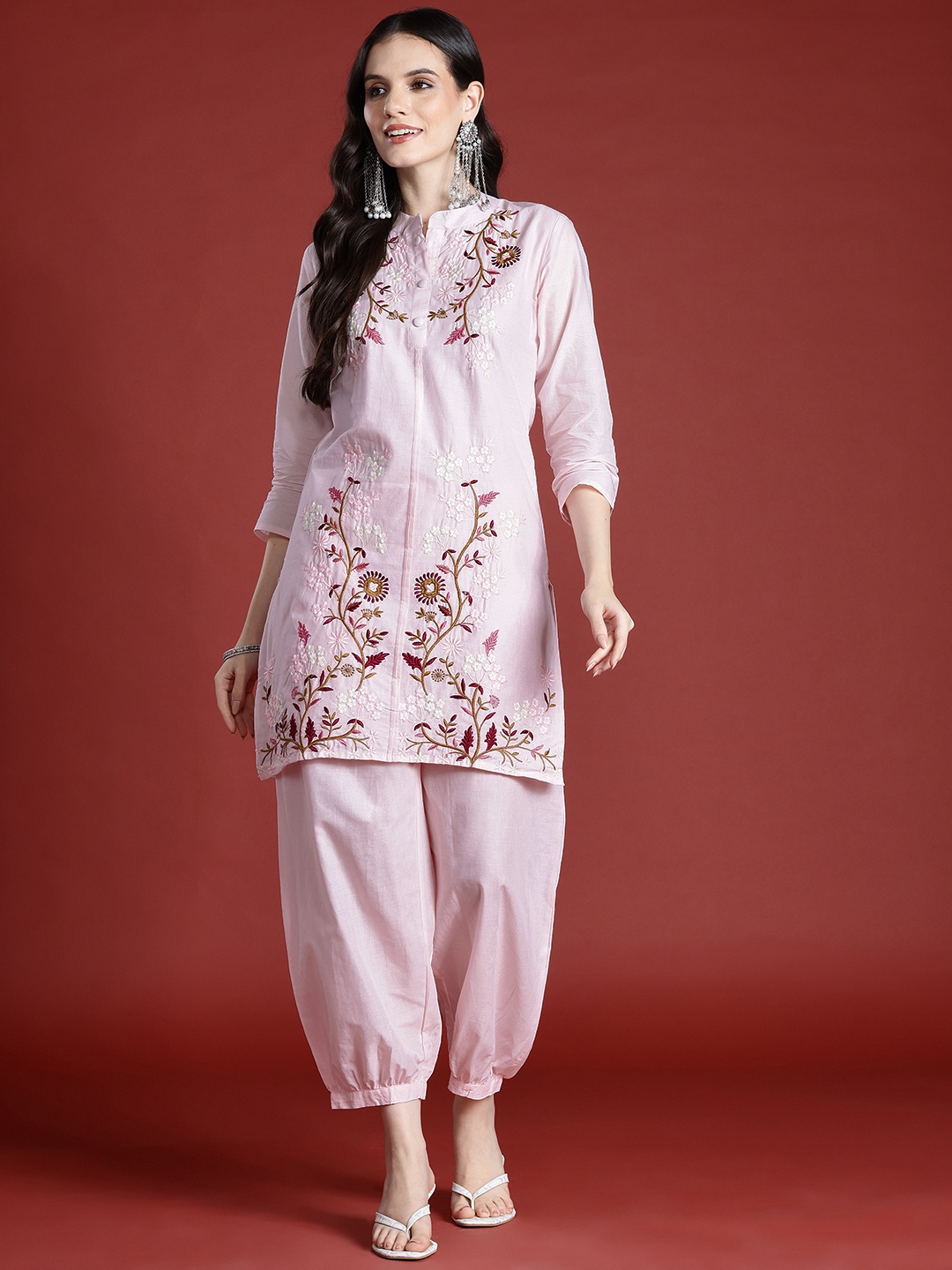 

Tikhi Imli Embroidered Cotton Tunic With Trouser Co-ord Set, Pink