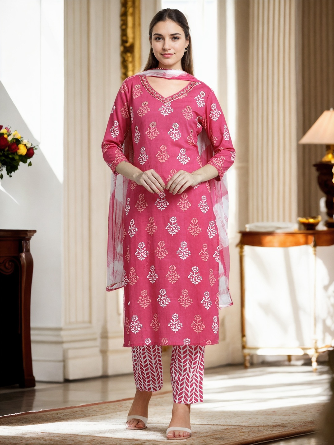 

Jaipur Kurti Ethnic Printed Pure Cotton Pink Suit Set