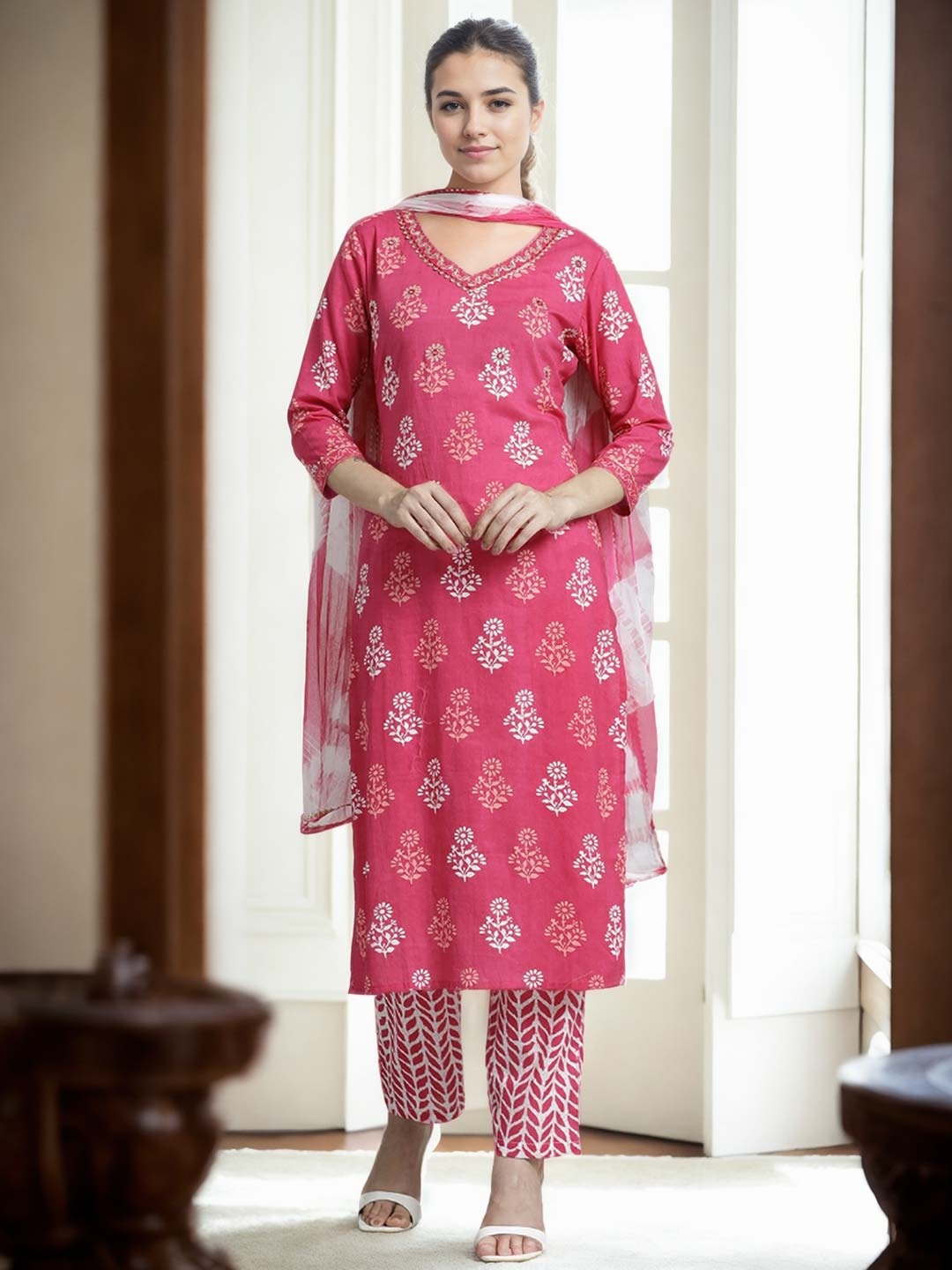 

Jaipur Kurti Ethnic Printed Pure Cotton Pink Suit Set