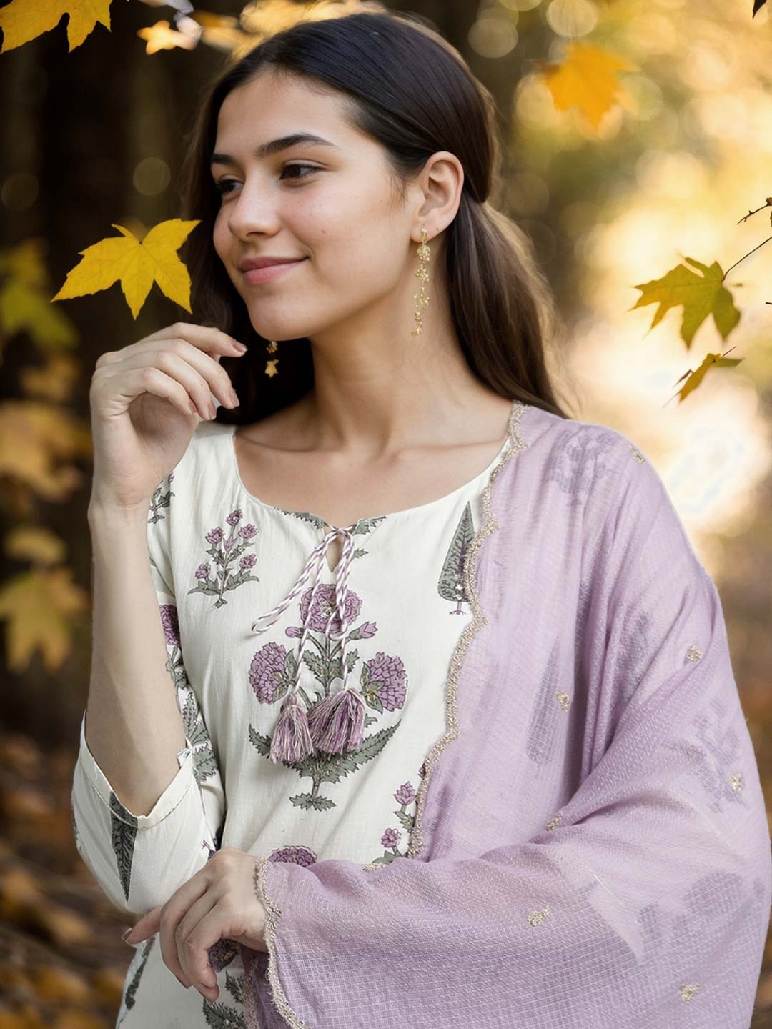 

Jaipur Kurti Mughal Motif Printed Pure Cotton Suit Set, Cream