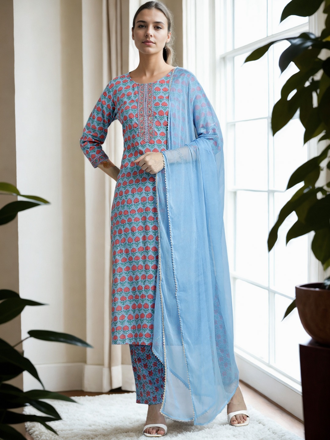 

Jaipur Kurti Floral Printed Pure Cotton Suit Set, Blue