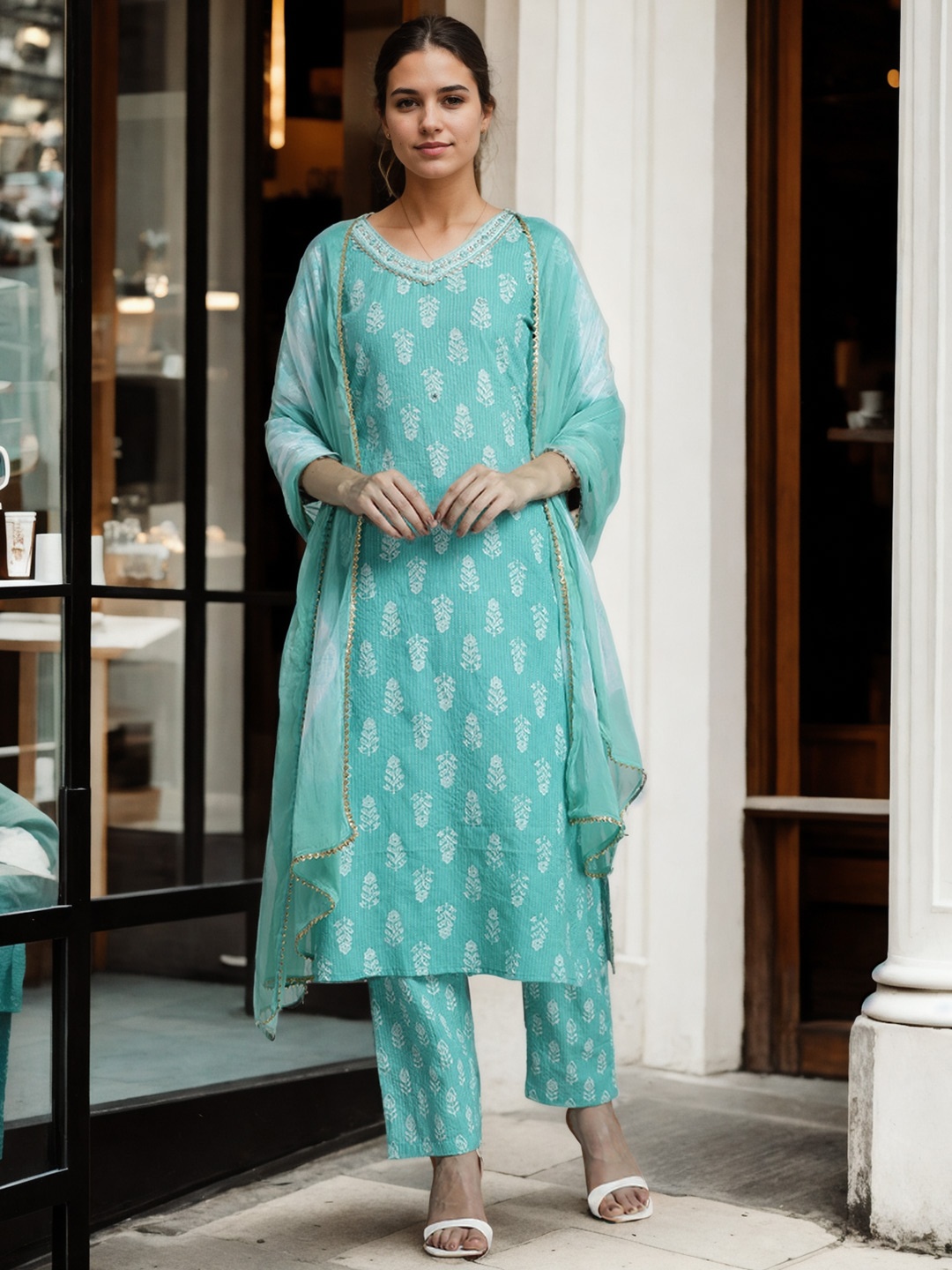 

Jaipur Kurti Ethnic Printed Pure Cotton Suit Set, Green