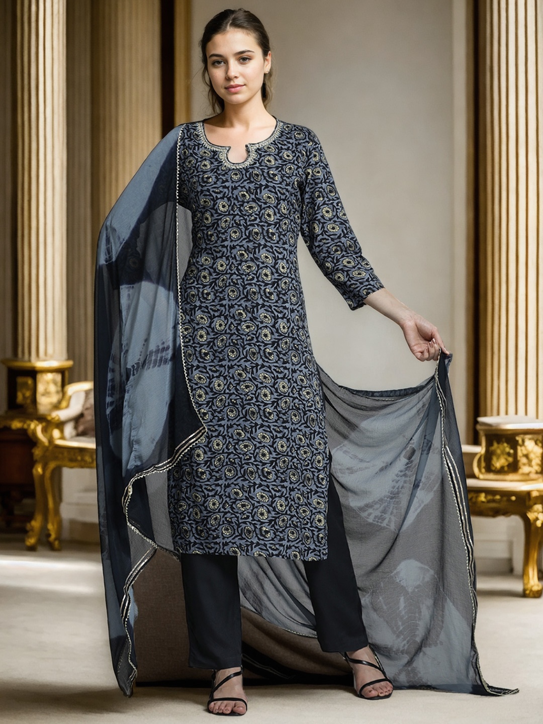 

Jaipur Kurti Floral Printed Kurta Set With Tie-Dye Dupatta, Grey