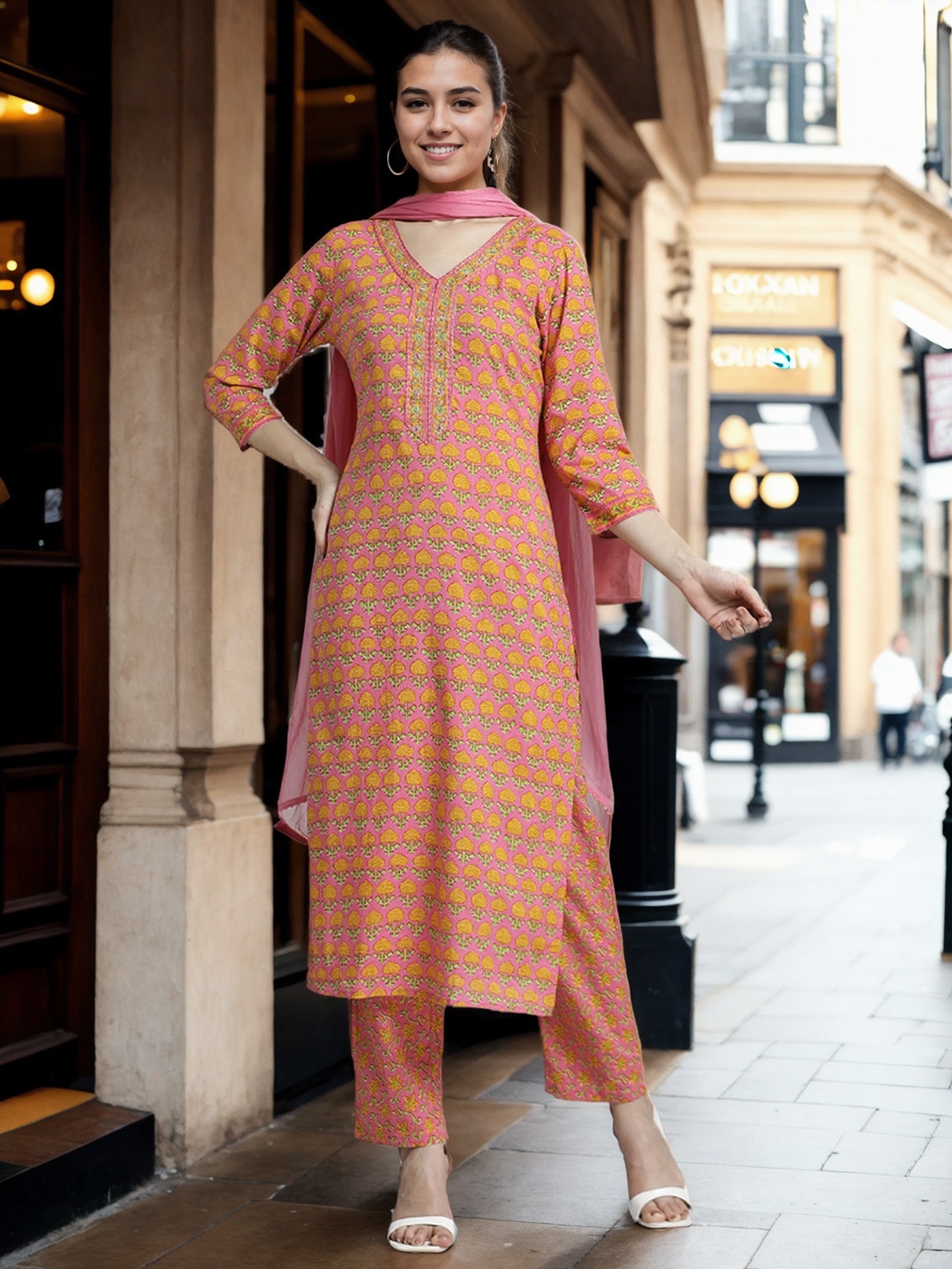 

Jaipur Kurti Ethnic Printed Pure Cotton Orange Suit Set