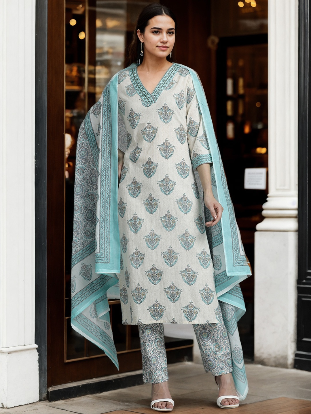 

Jaipur Kurti Floral Printed Cotton Suit Set, Blue