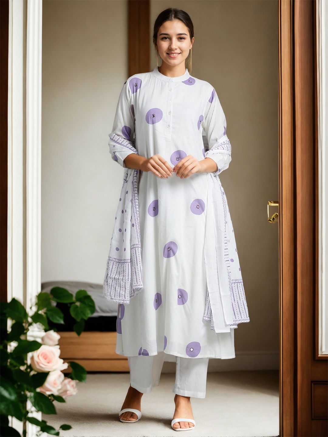 

Jaipur Kurti Printed Pure Cotton A-line Suit Set, Lavender