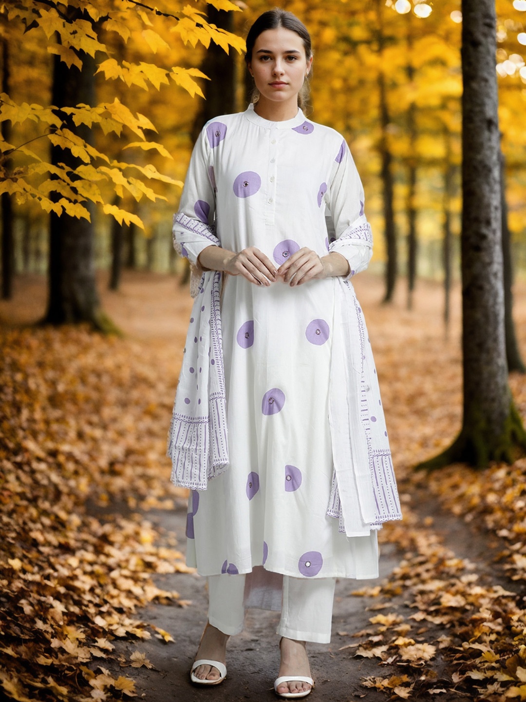 

Jaipur Kurti Printed Pure Cotton A-line Suit Set, Lavender