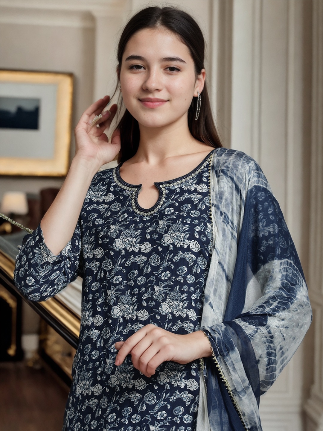 

Jaipur Kurti Floral Printed Cotton Suit Set, Navy blue
