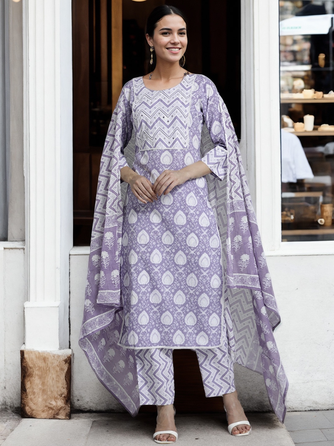 

Jaipur Kurti Ethnic Printed Cotton Kurta Set With Dupatta, Lavender