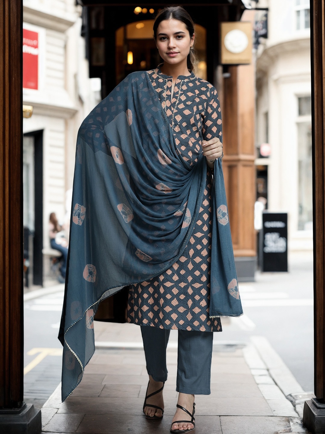 

Jaipur Kurti Abstract Printed Kurta Set With Tie-Dye Dupatta, Grey