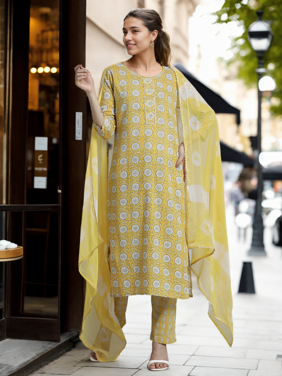 

Jaipur Kurti Ethnic Motif Cotton Kurta Set With Dupatta, Yellow