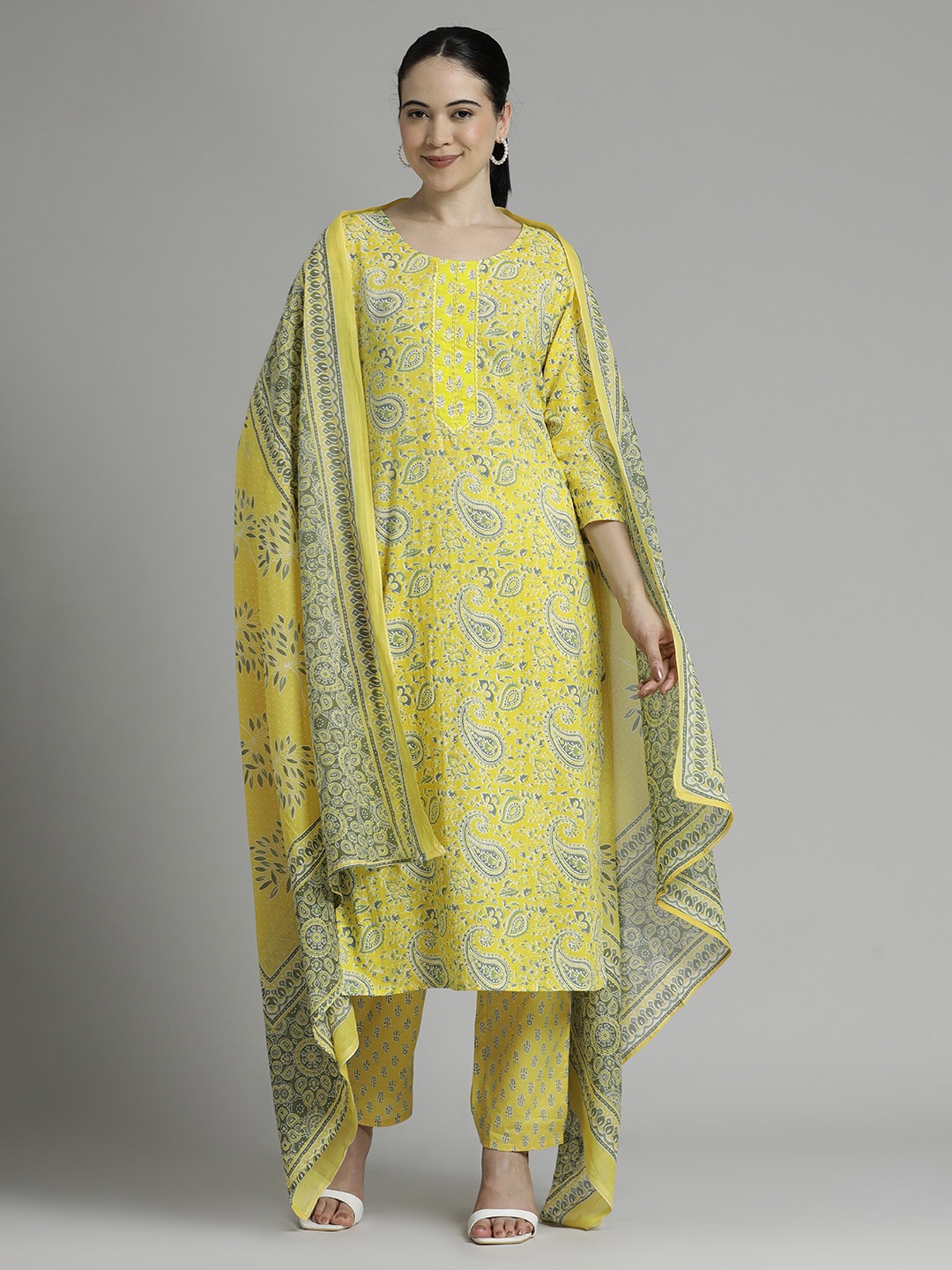 

Jaipur Kurti Ethnic Printed Pure Cotton Suit Set, Yellow