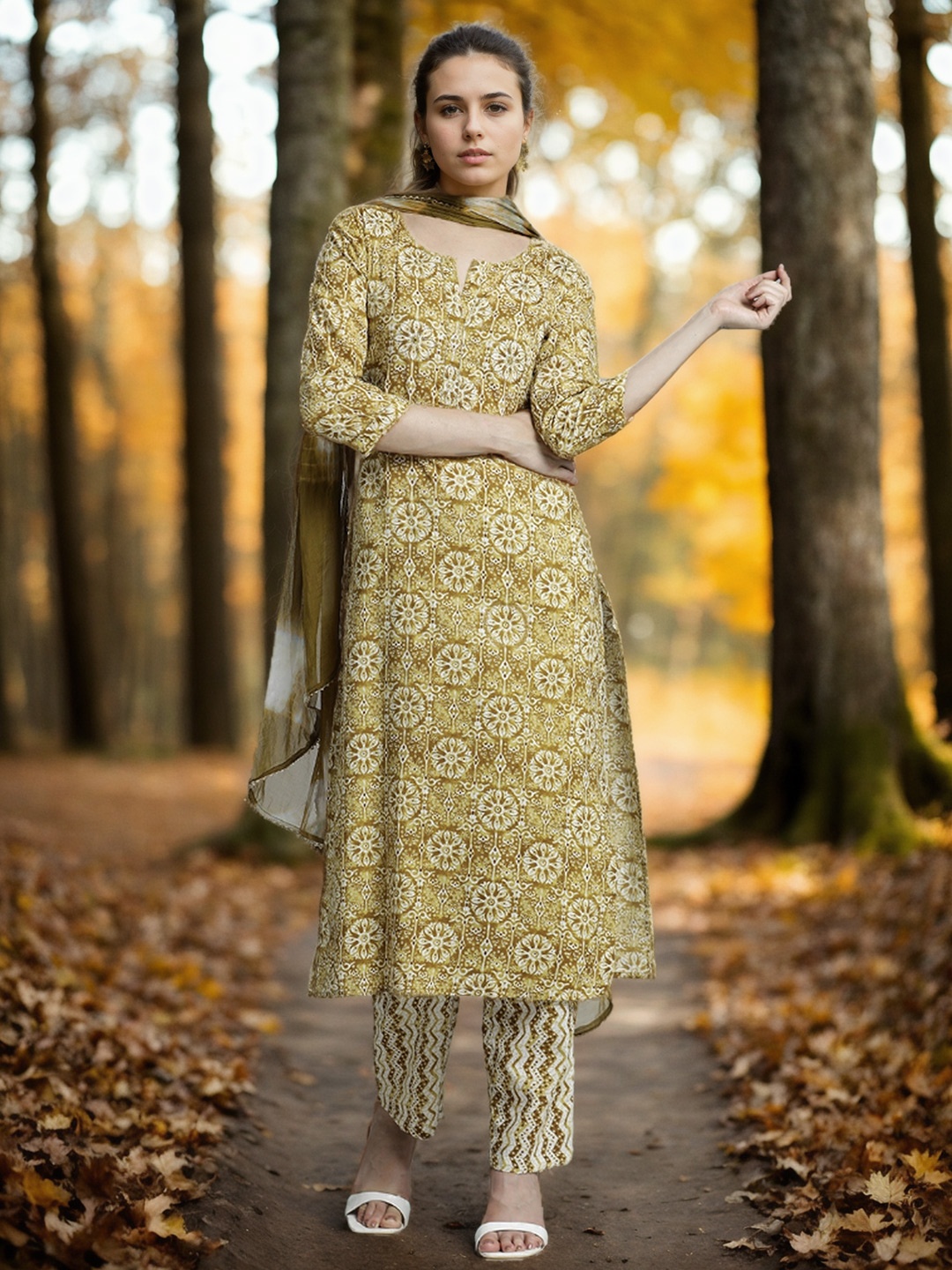 

Jaipur Kurti Ethnic Printed Pure Cotton Suit Set, Mustard