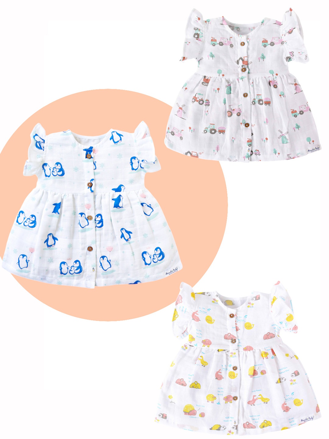 

Honcho Baby Pack Of 3 Girls Printed Flutter Sleeves Fit and Flare Dress, White