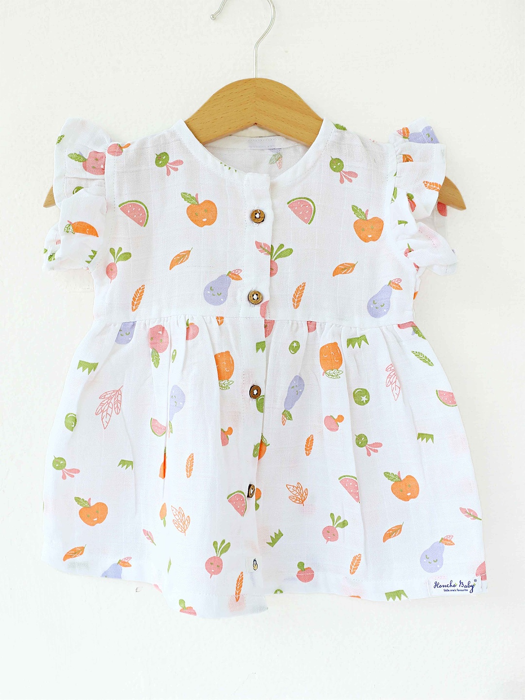 

Honcho Baby Girls Printed Cotton Flutter Sleeves Fit and Flare Dress, White