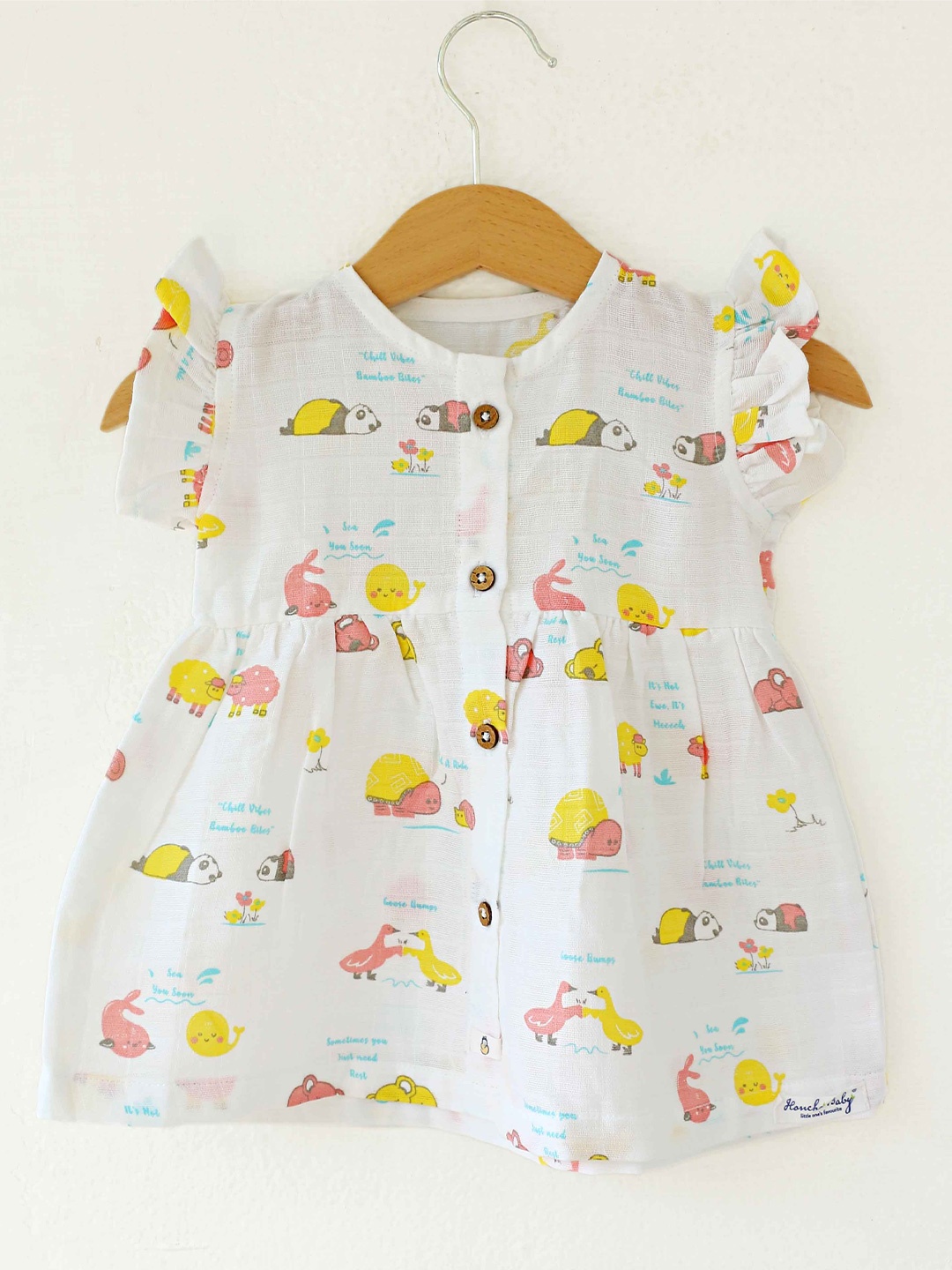 

Honcho Baby Girls Printed Cotton Flutter Sleeves Fit and Flare Dress, White