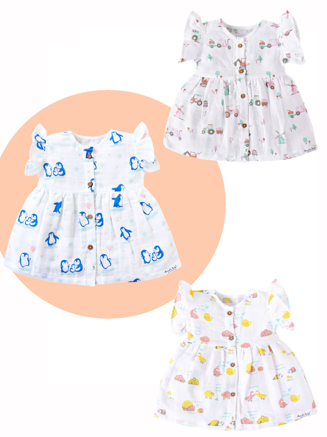 

Honcho Baby Girls Pack of 3 Cotton Printed Fit and Flare Dress, White