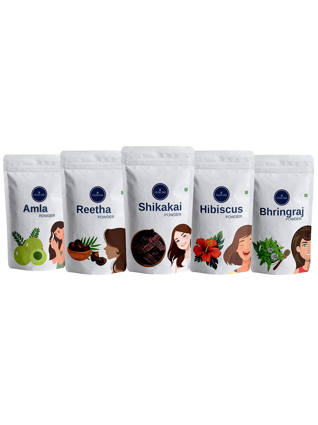 

VEDICINE Set Of 5 Amla Reetha Shikakai Hibiscus & Bhirngraj Powder For Hair Care-75 g Each, Green