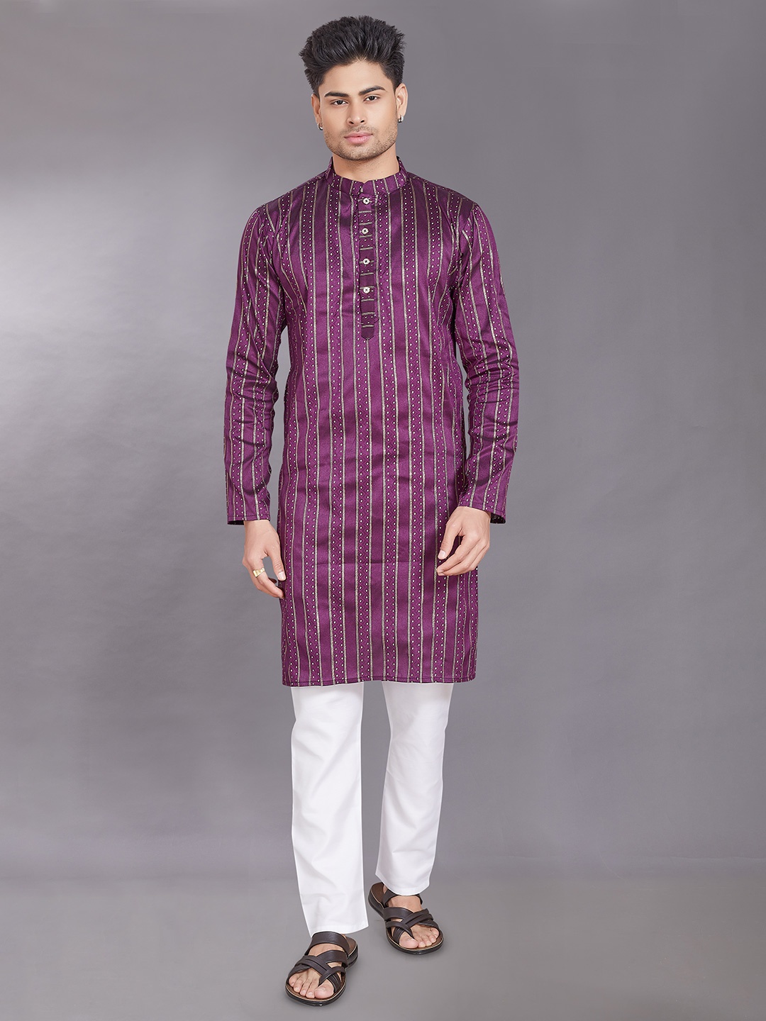 

DIVISIVE Striped Mandarin Collar Jacquard Straight Kurta, Purple