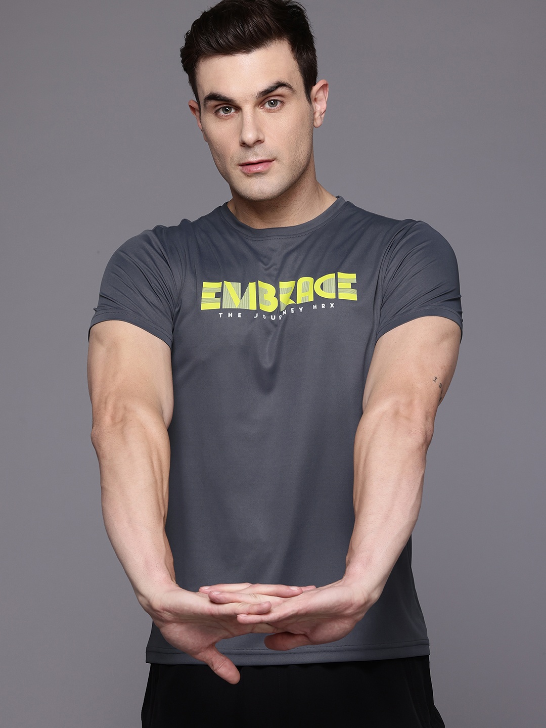 HRX by Hrithik Roshan Typography Print Rapid-Dry Training T-shirt, Grey
