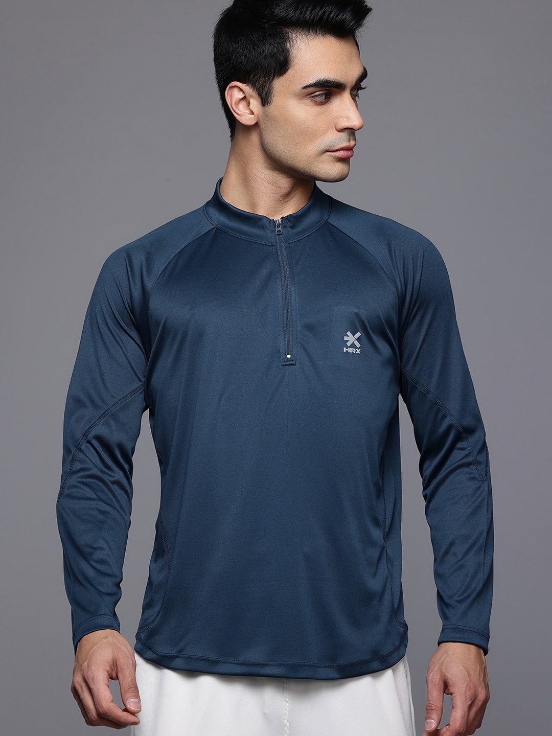 

HRX by Hrithik Roshan Mock Collar Raglan Sleeves Rapid-Dry Training T-shirt, Blue