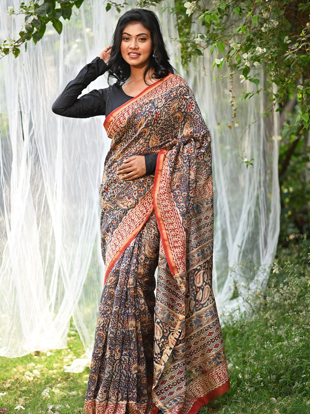 

Unnati Silks Kalamkari Zari Silk Cotton Handloom Chanderi Saree, Blue