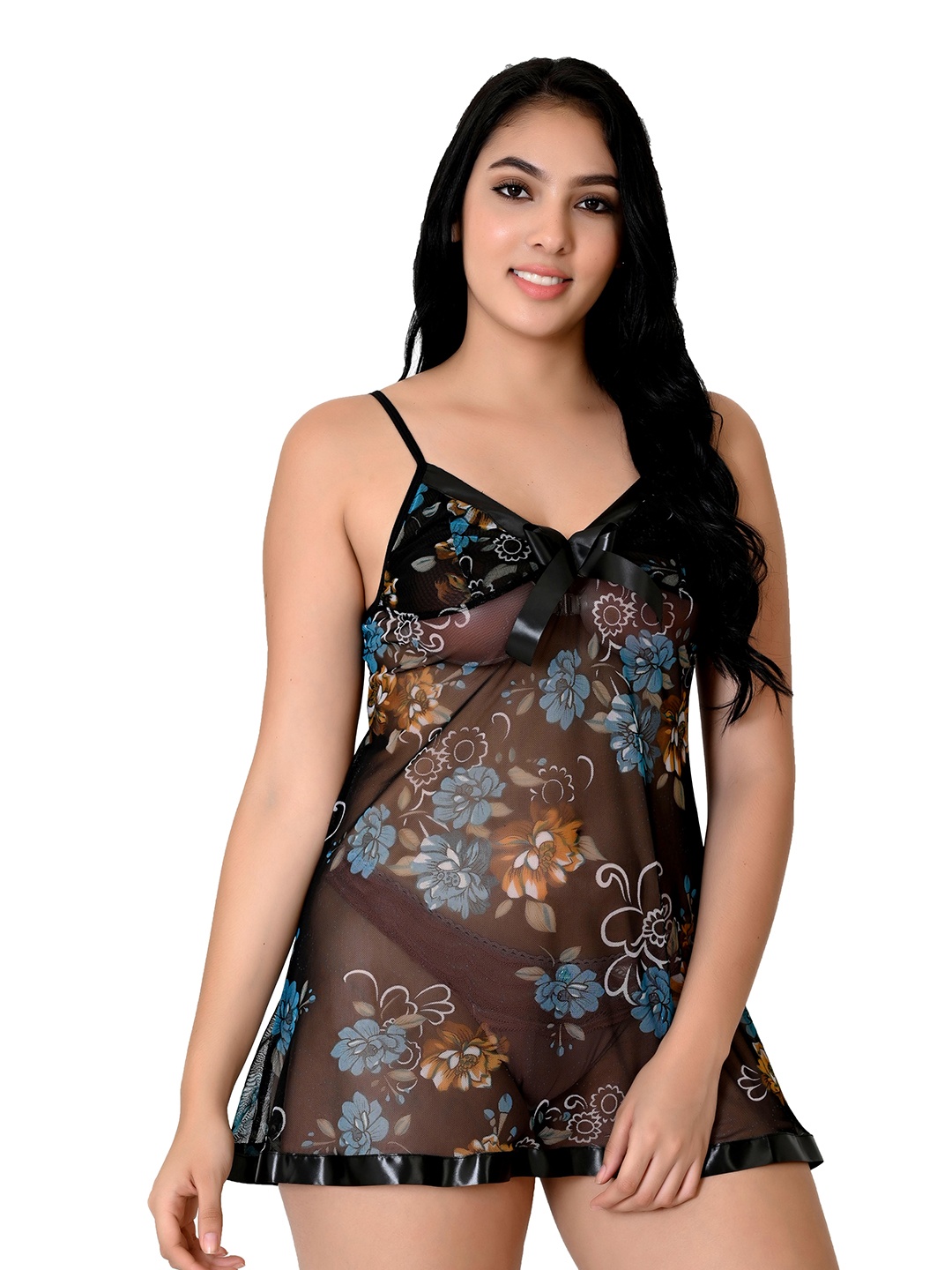 

chia fashions Net Floral Printed Baby Doll, Black