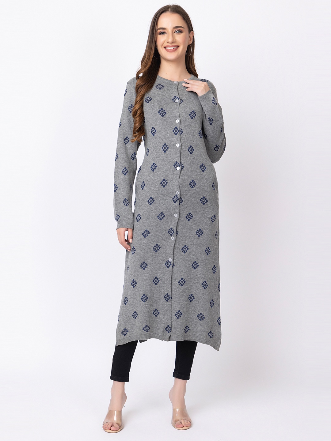 

Anouk Ethnic Motifs Printed Round Neck Winter Wear Kurta, Grey