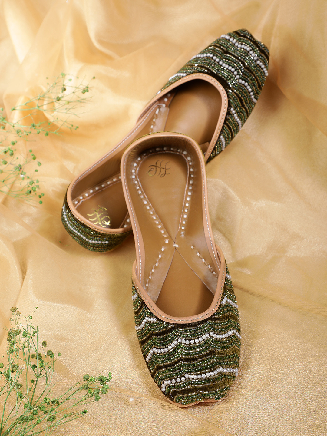 

House of Pataudi Women Ethnic Embellished Mojaris, Green