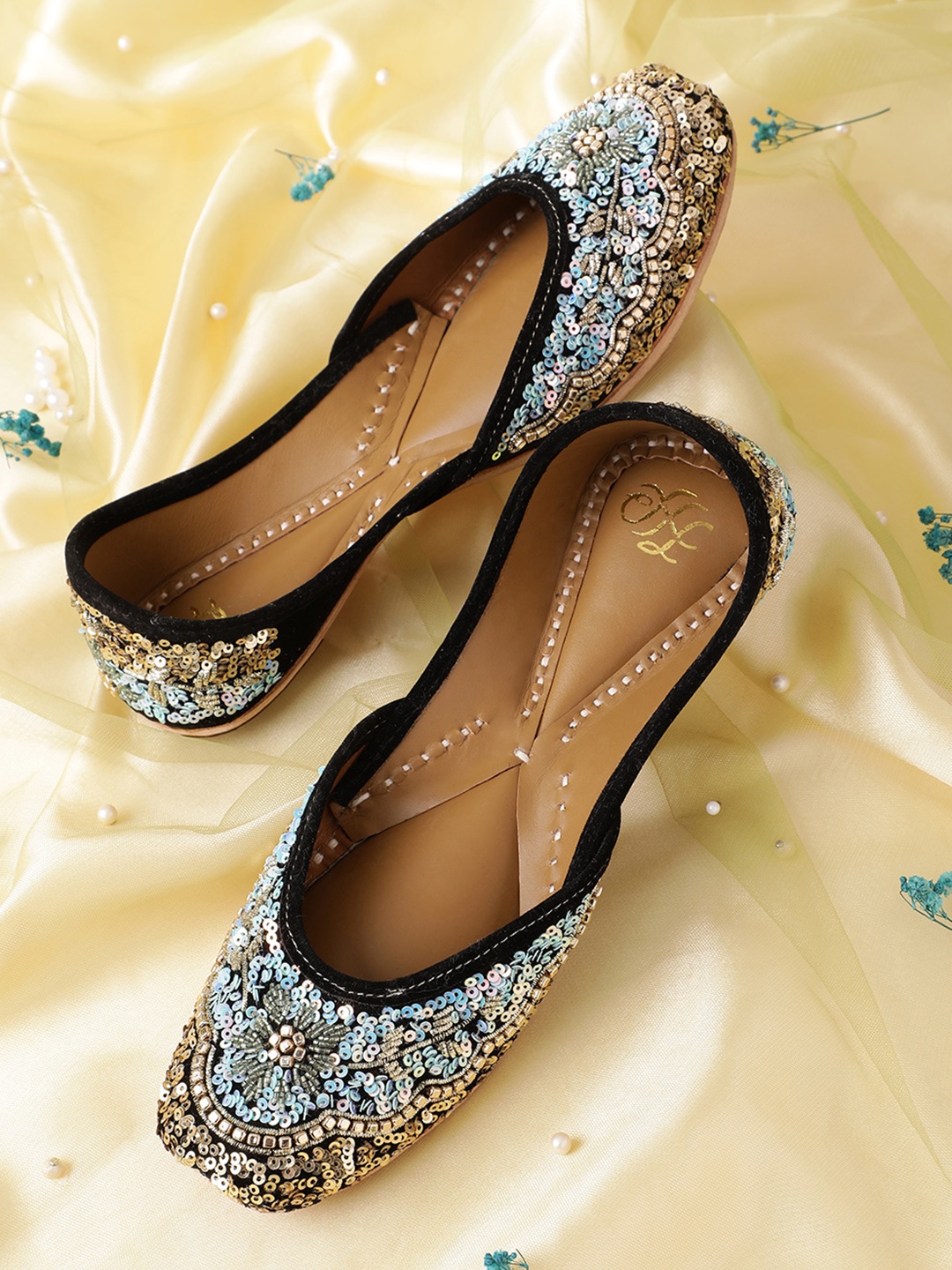 

House of Pataudi Women Sequin Embroidered Leather Mojaris, Gold