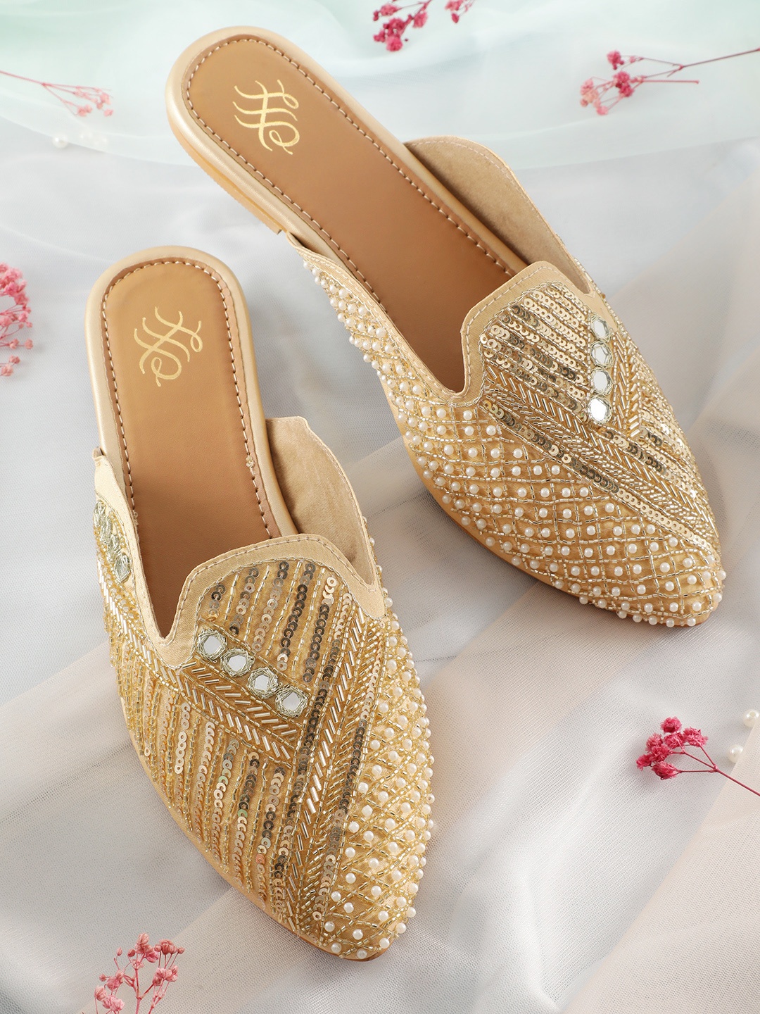 

House of Pataudi Embellished Ethnic Mules, Gold